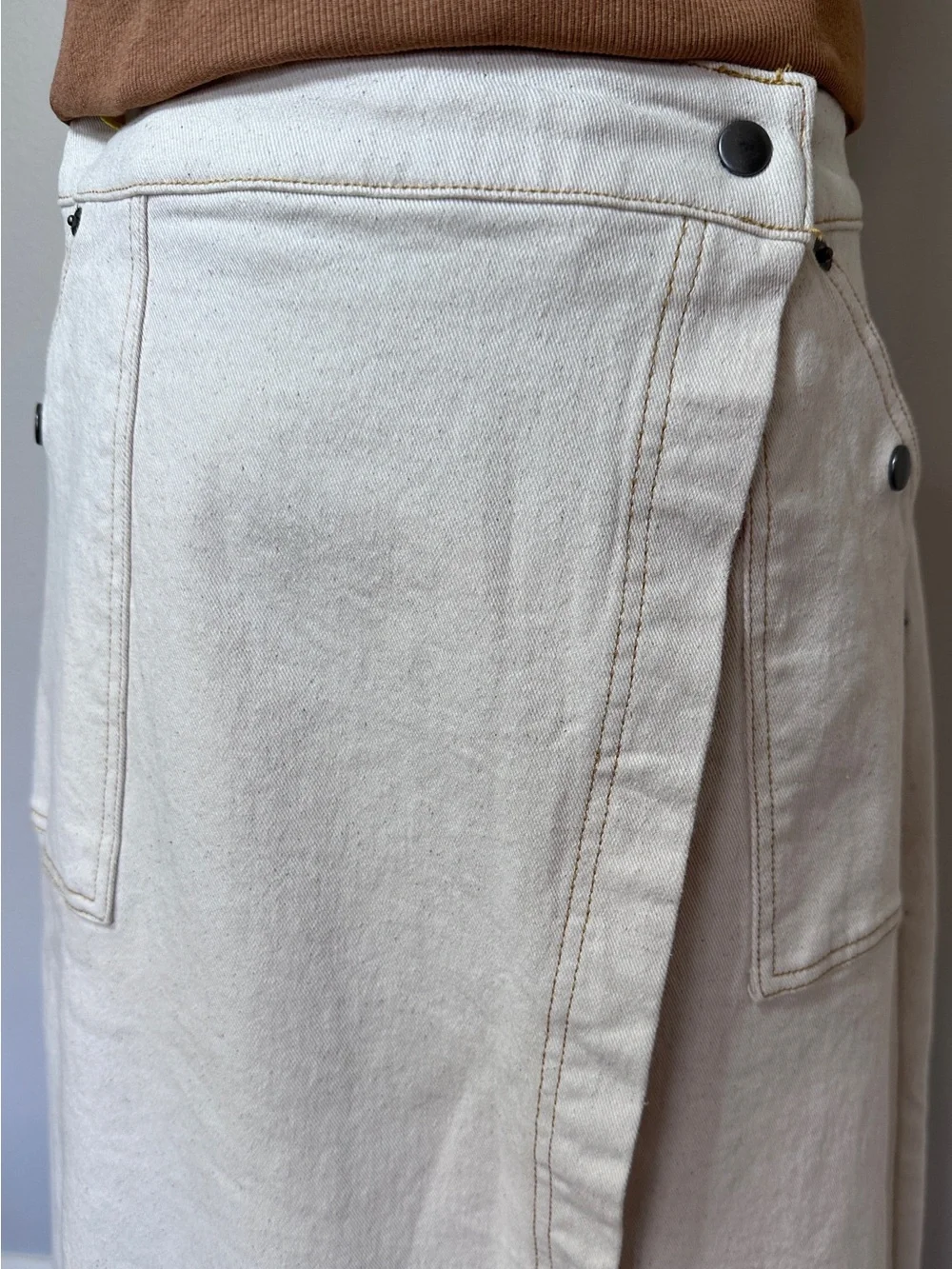 Charter Club Navy Windowpane Cardigan & Gibson Latimer Cream Denim Wrap Skirt